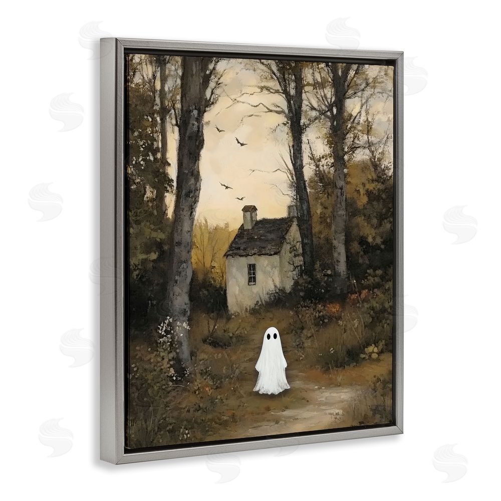 Arlington Prints Little Ghost in Cottage Forest Gray Floating Frame Canvas Wall Art Print