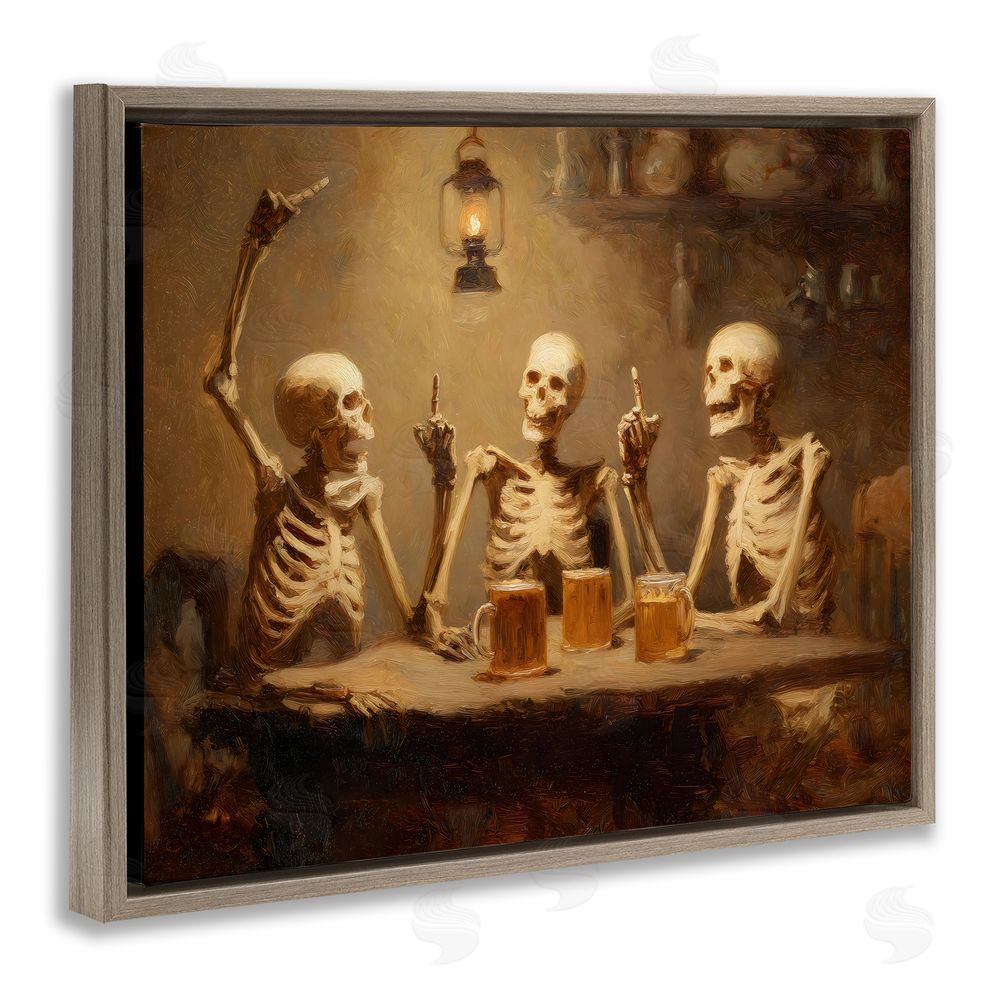 Arlington Prints Skeletons Drinking at Tavern Brown Floating Frame Canvas Wall Art Print