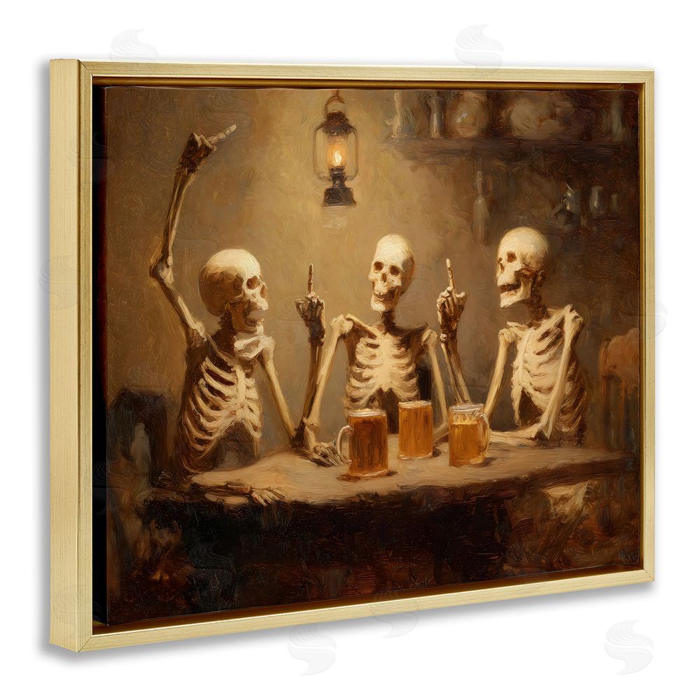 Arlington Prints Skeletons Drinking at Tavern Gold Floating Frame Canvas Wall Art Print