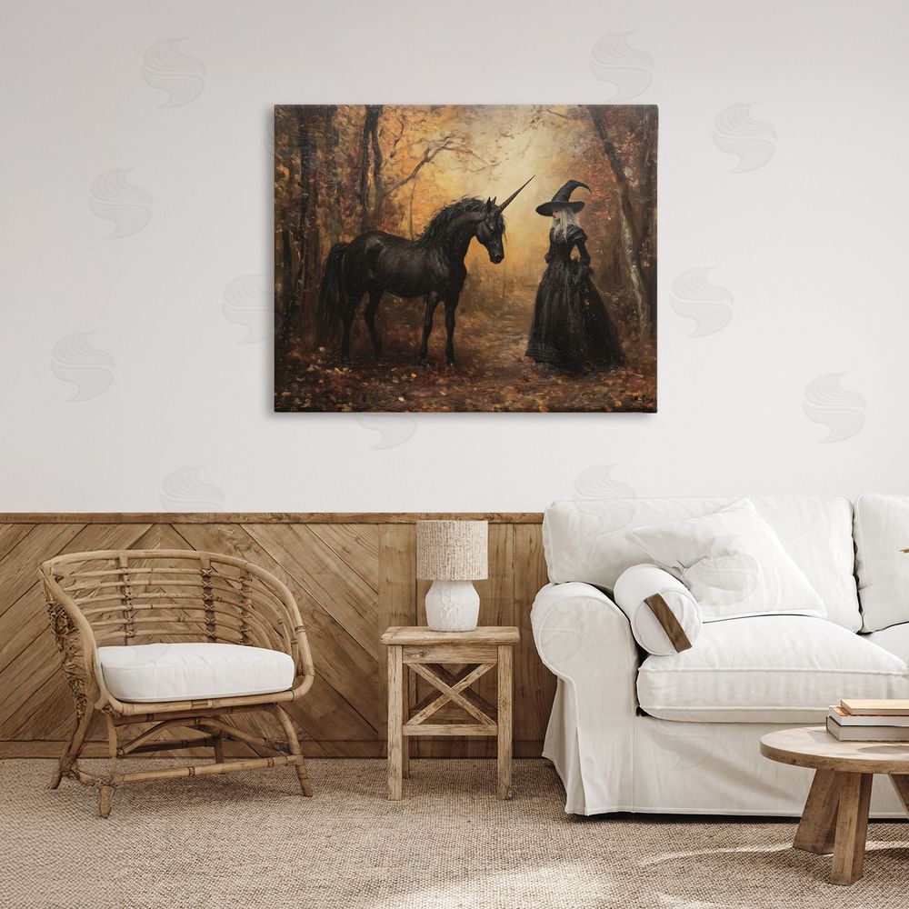 Arlington Prints Witch & Black Unicorn Stretched Canvas Wall Art Print in Room