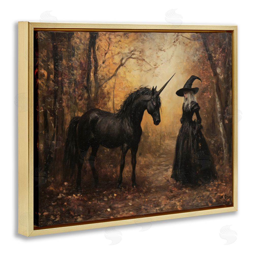 Arlington Prints Witch & Black Unicorn Gold Floating Frame Canvas Wall Art Print