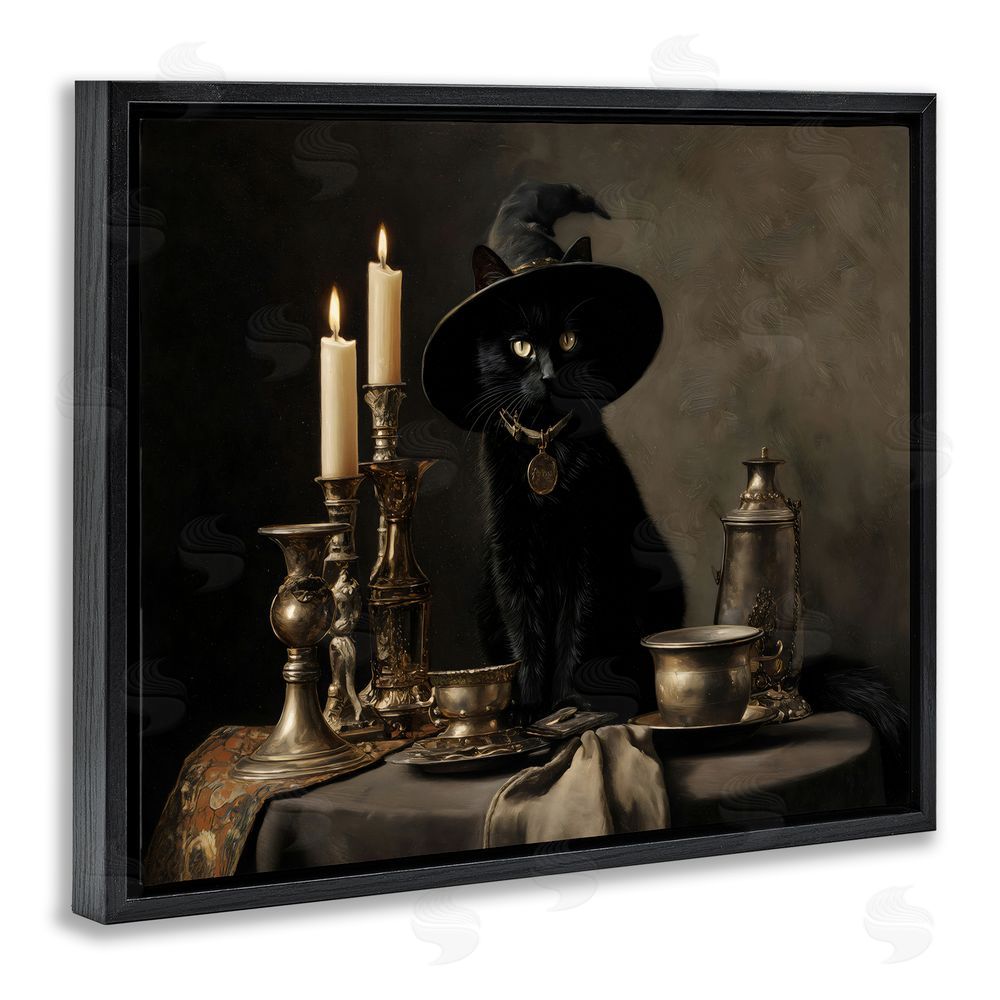 Arlington Prints Vintage Witchy Black Cat Black Floating Frame Canvas Wall Art Print