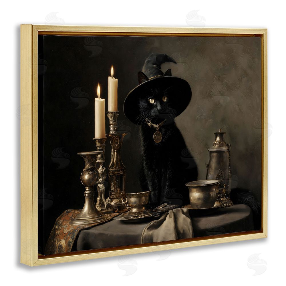 Arlington Prints Vintage Witchy Black Cat Gold Floating Frame Canvas Wall Art Print