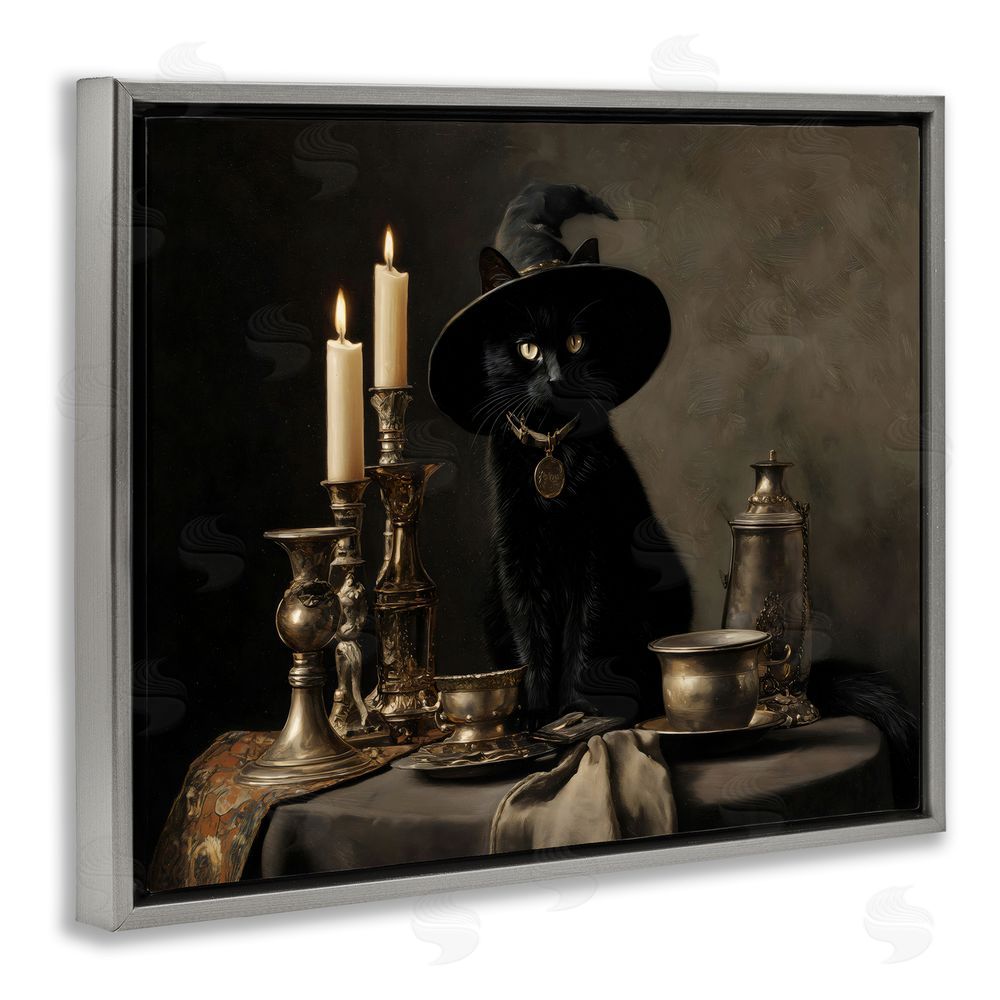 Arlington Prints Vintage Witchy Black Cat Gray Floating Frame Canvas Wall Art Print