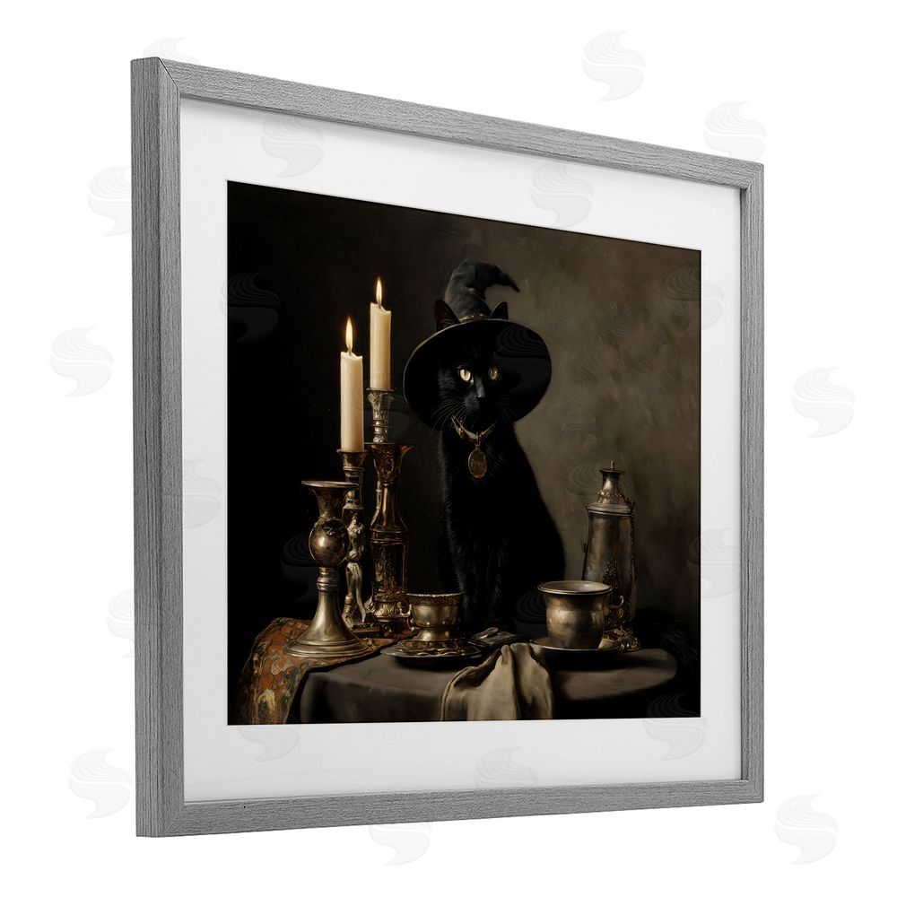 Arlington Prints Vintage Witchy Black Cat Gray Framed Print Under Glass Wall Art