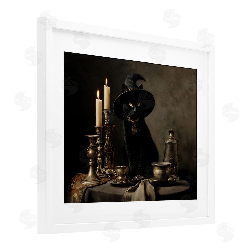 Arlington Prints Vintage Witchy Black Cat White Framed Print Under Glass Wall Art