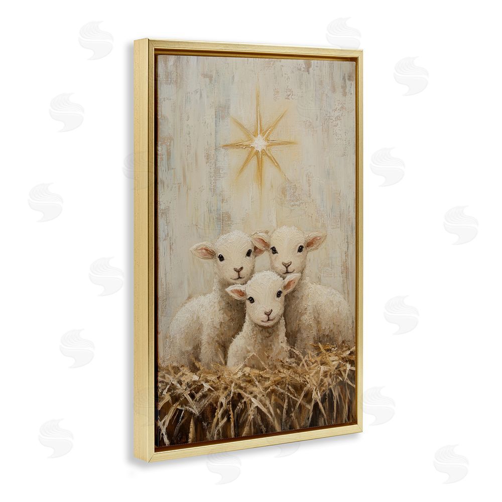 Petal Prints Design Christmas Lambs Trio Gold Floating Frame Canvas Wall Art Print