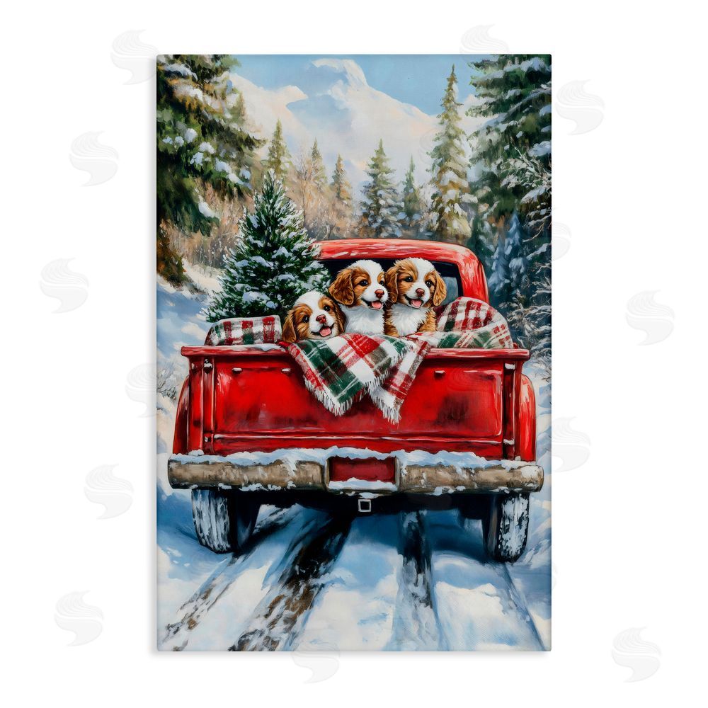 Petal Prints Design Christmas Truck Pups Trio Stretched Canvas Wall Art Print
