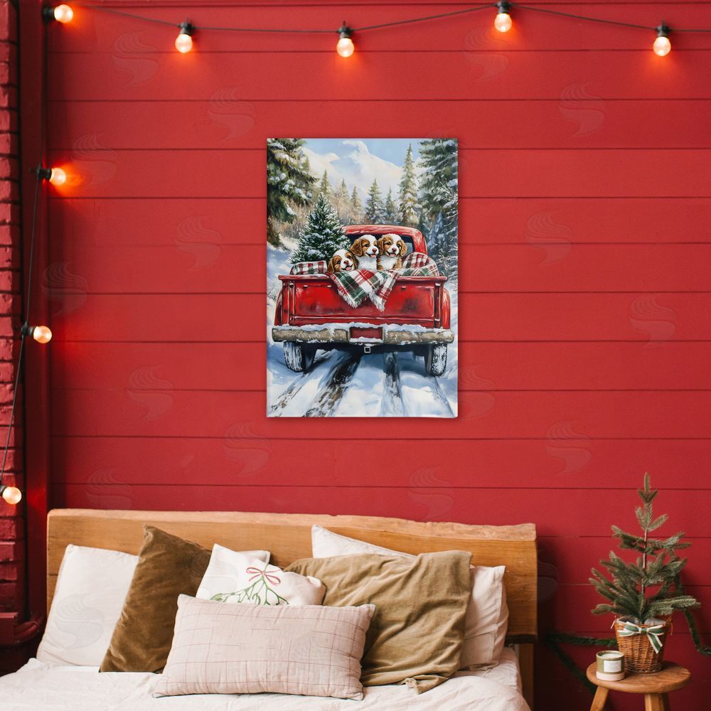 Petal Prints Design Christmas Truck Pups Trio Stretched Canvas Wall Art Print in Room