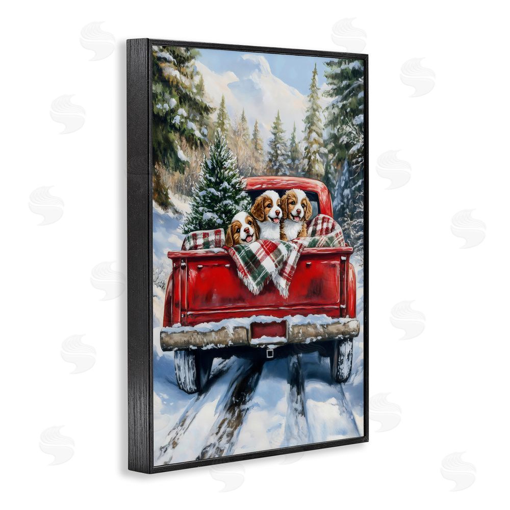 Petal Prints Design Christmas Truck Pups Trio Black Framed Giclee Print Wall Art