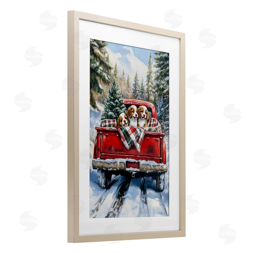 Petal Prints Design Christmas Truck Pups Trio Brown Framed Print Under Glass Wall Art