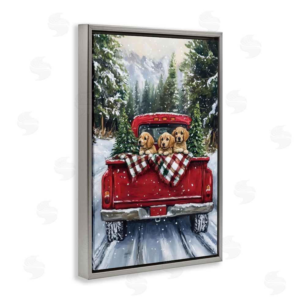 Petal Prints Design Golden Pups Christmas Truck Gray Floating Frame Canvas Wall Art Print