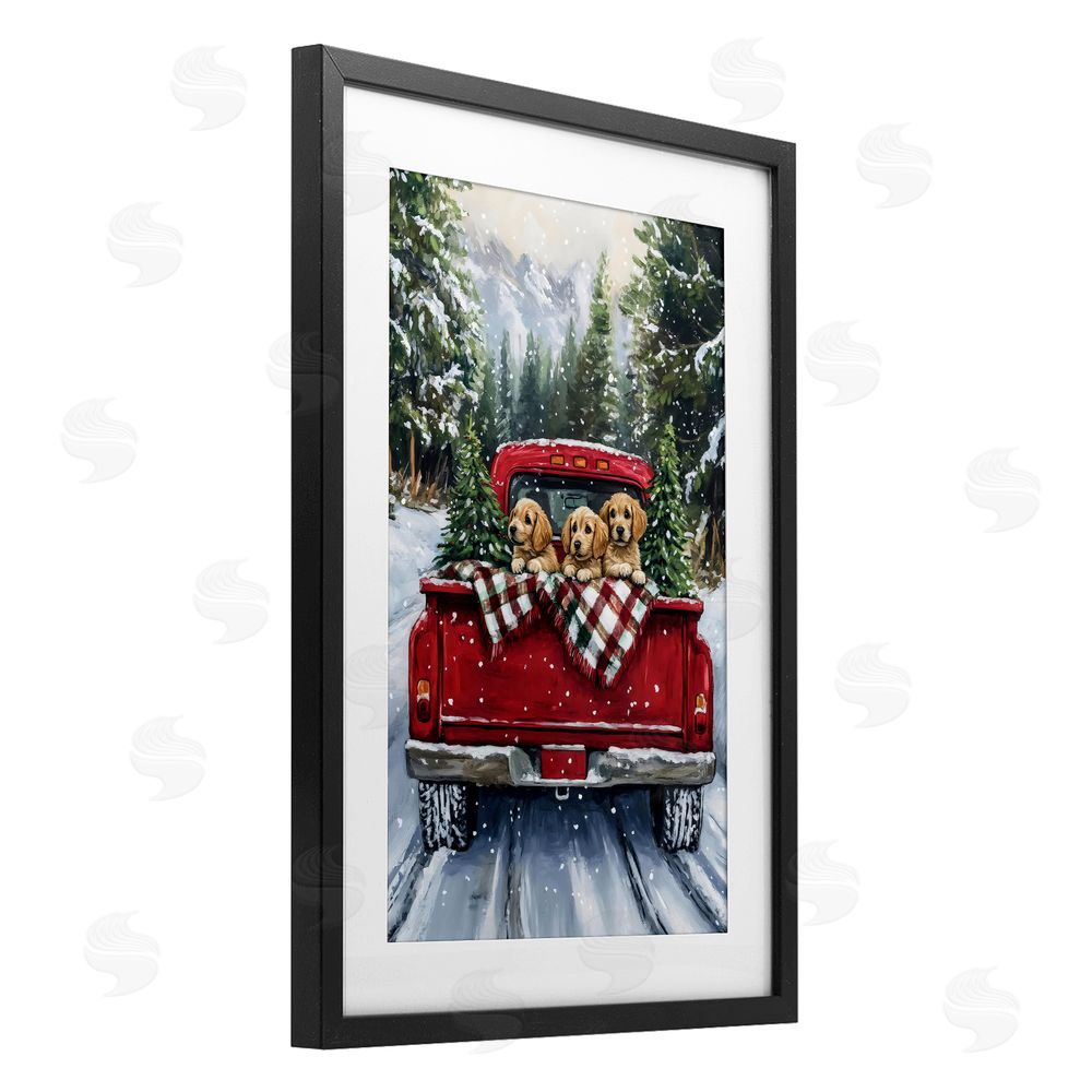 Petal Prints Design Golden Pups Christmas Truck Black Framed Print Under Glass Wall Art
