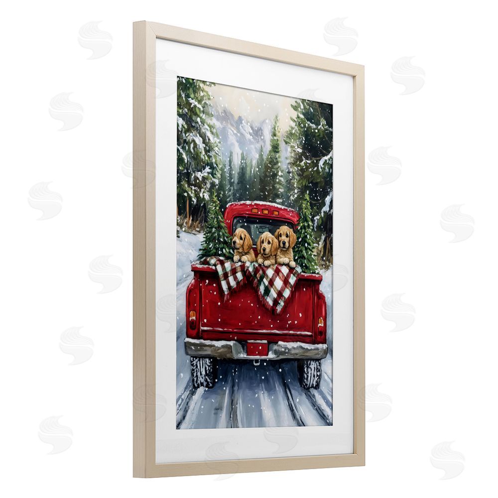 Petal Prints Design Golden Pups Christmas Truck Brown Framed Print Under Glass Wall Art