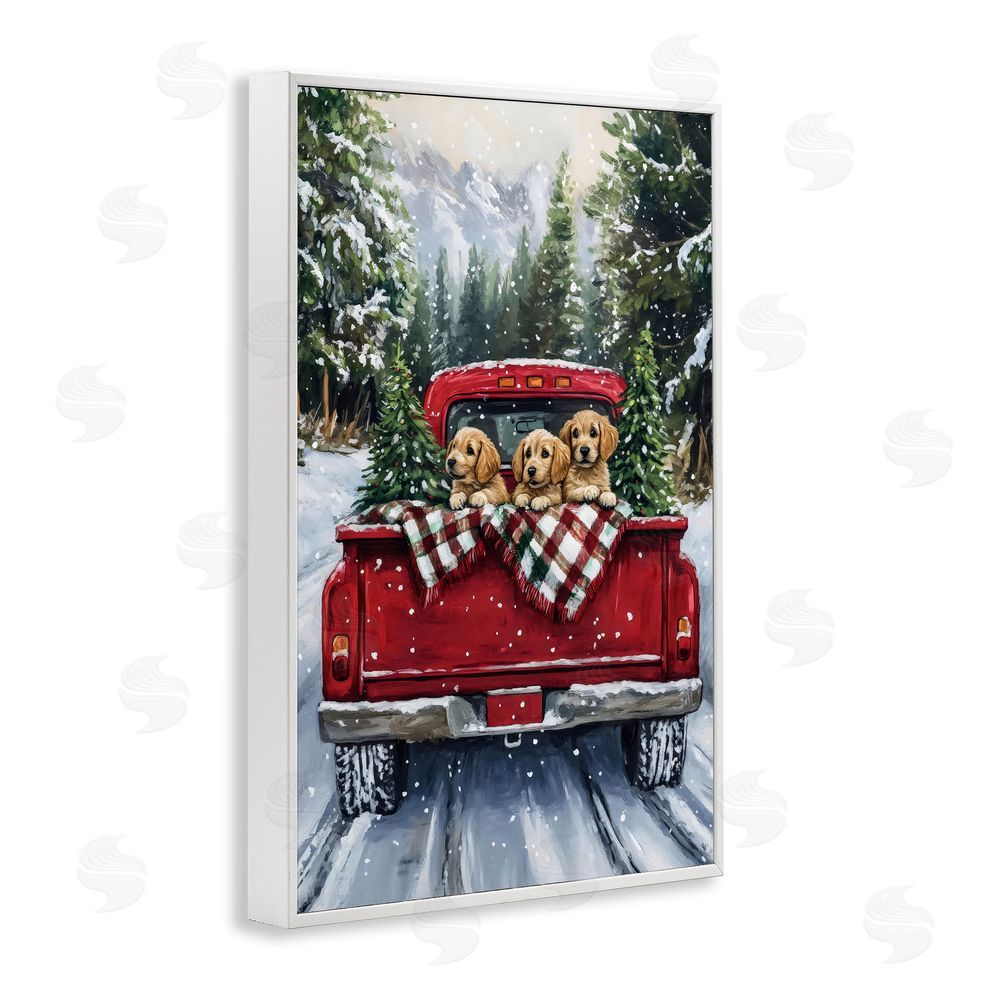 Petal Prints Design Golden Pups Christmas Truck White Framed Giclee Print Wall Art