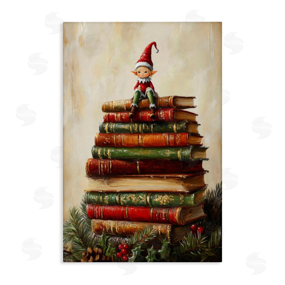 Petal Prints Design Christmas Elf Bookstack Stretched Canvas Wall Art Print