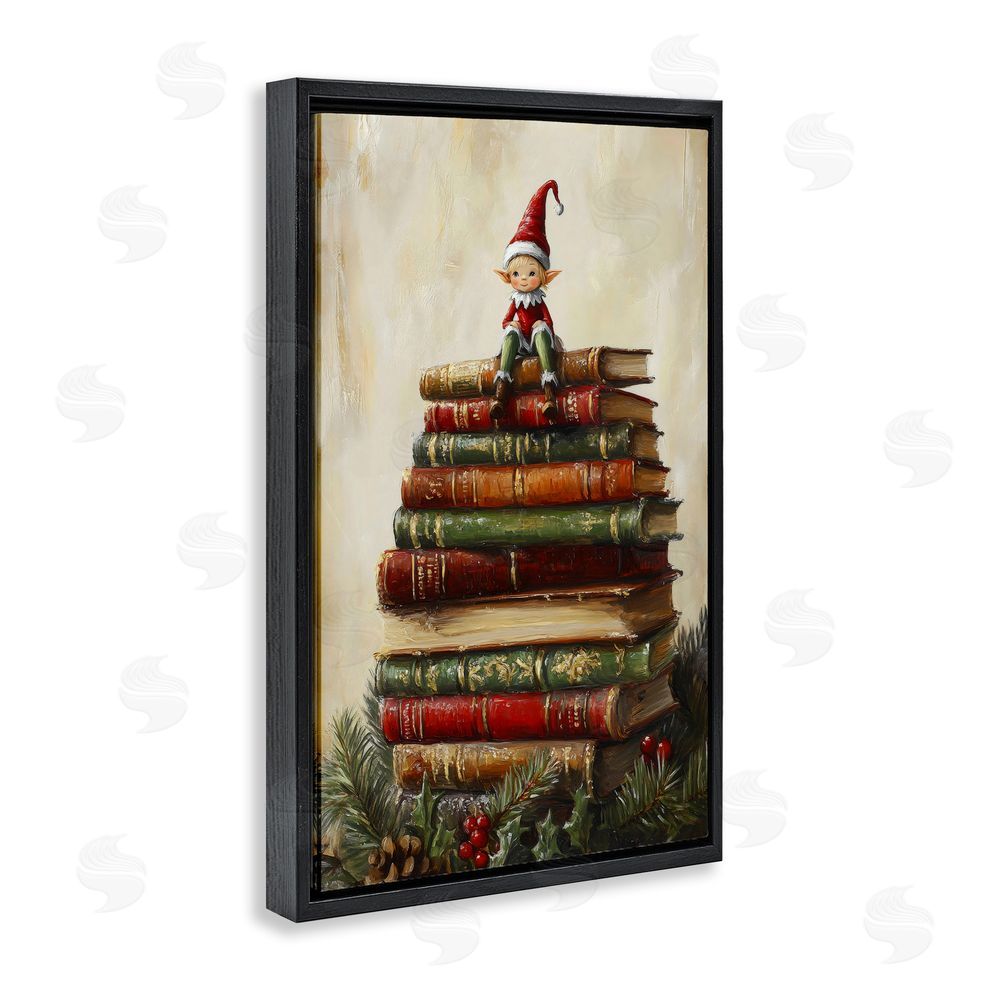 Petal Prints Design Christmas Elf Bookstack Black Floating Frame Canvas Wall Art Print