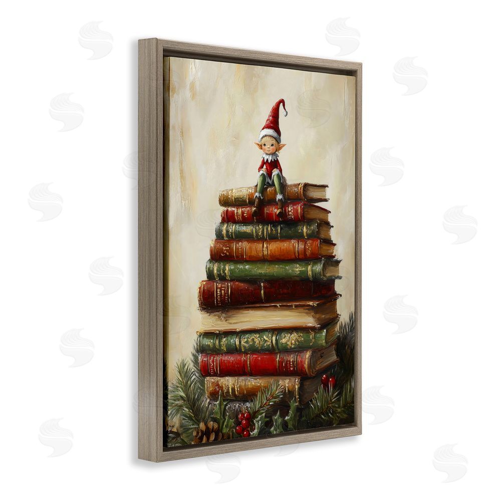 Petal Prints Design Christmas Elf Bookstack Brown Floating Frame Canvas Wall Art Print