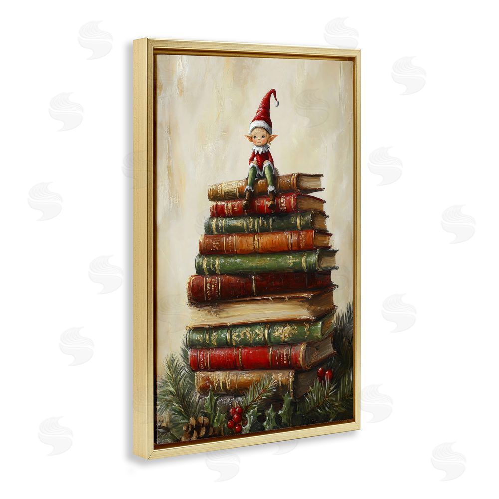 Petal Prints Design Christmas Elf Bookstack Gold Floating Frame Canvas Wall Art Print