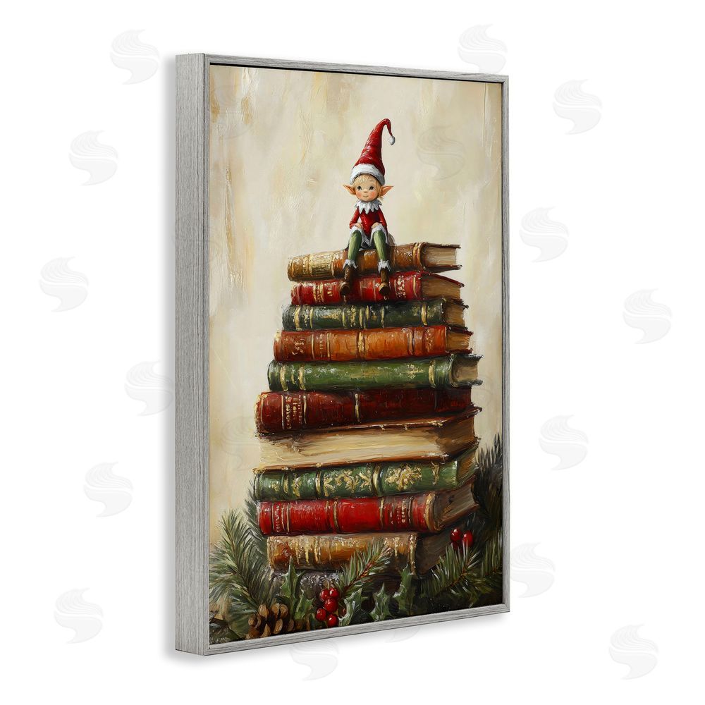 Petal Prints Design Christmas Elf Bookstack Gray Framed Giclee Print Wall Art