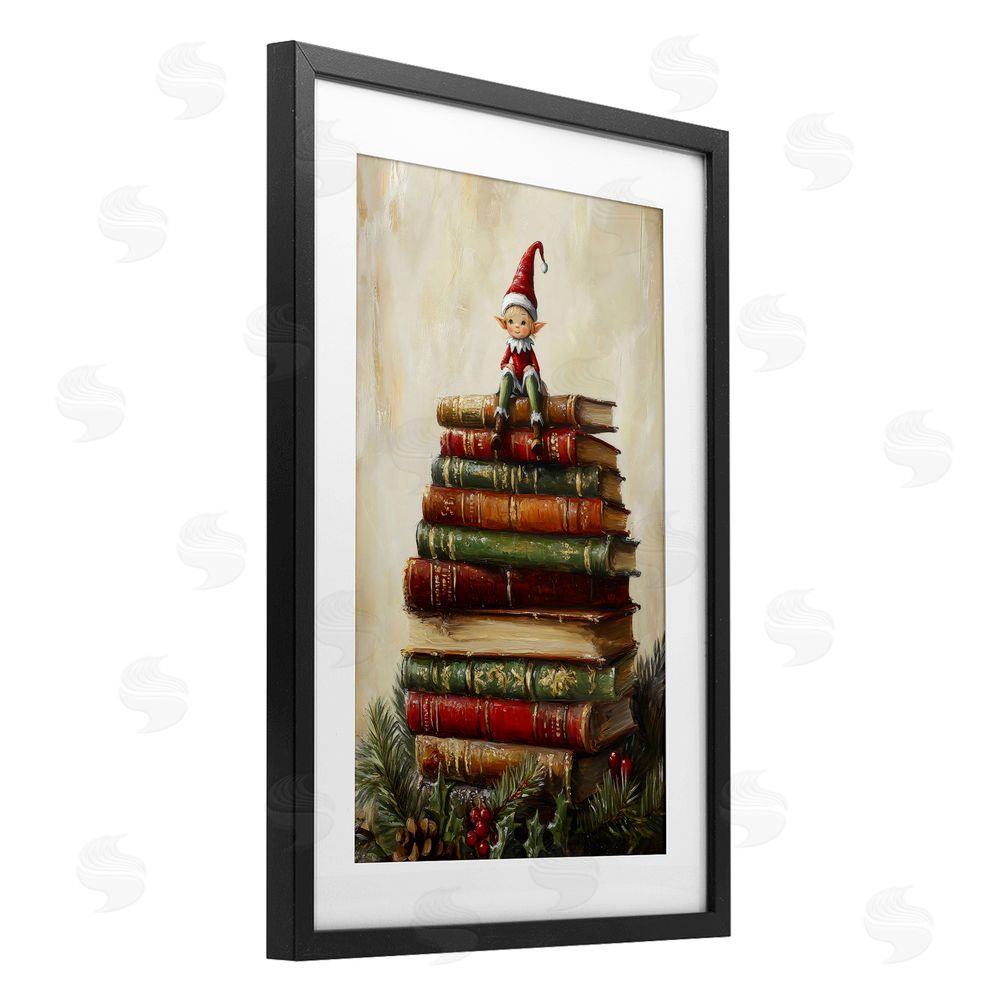 Petal Prints Design Christmas Elf Bookstack Black Framed Print Under Glass Wall Art