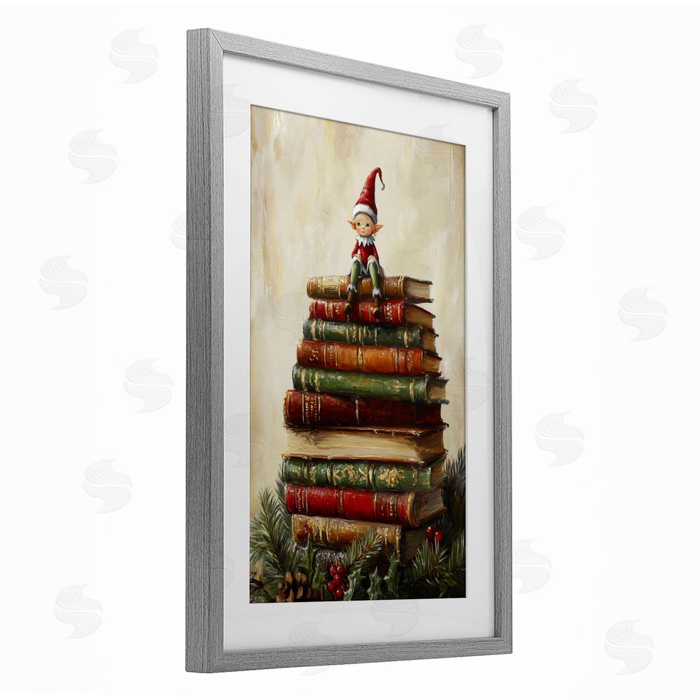Petal Prints Design Christmas Elf Bookstack Gray Framed Print Under Glass Wall Art