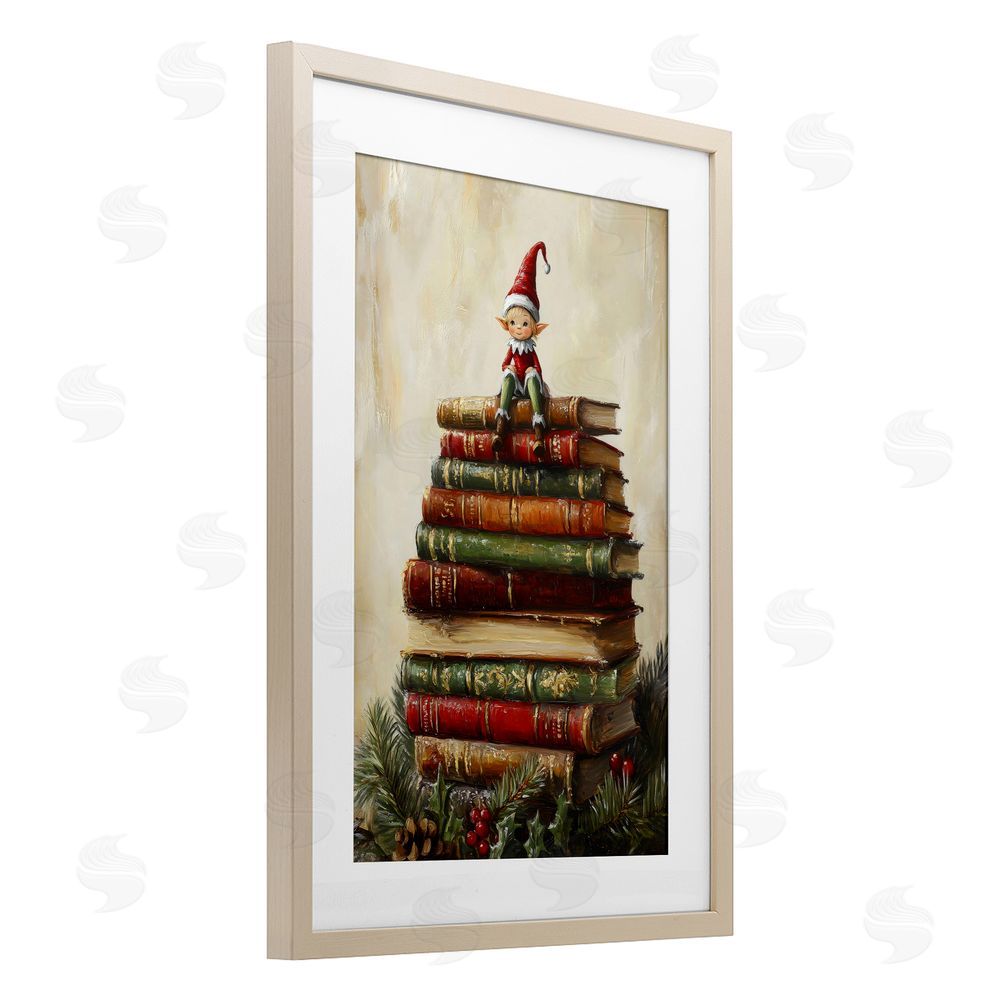 Petal Prints Design Christmas Elf Bookstack Brown Framed Print Under Glass Wall Art