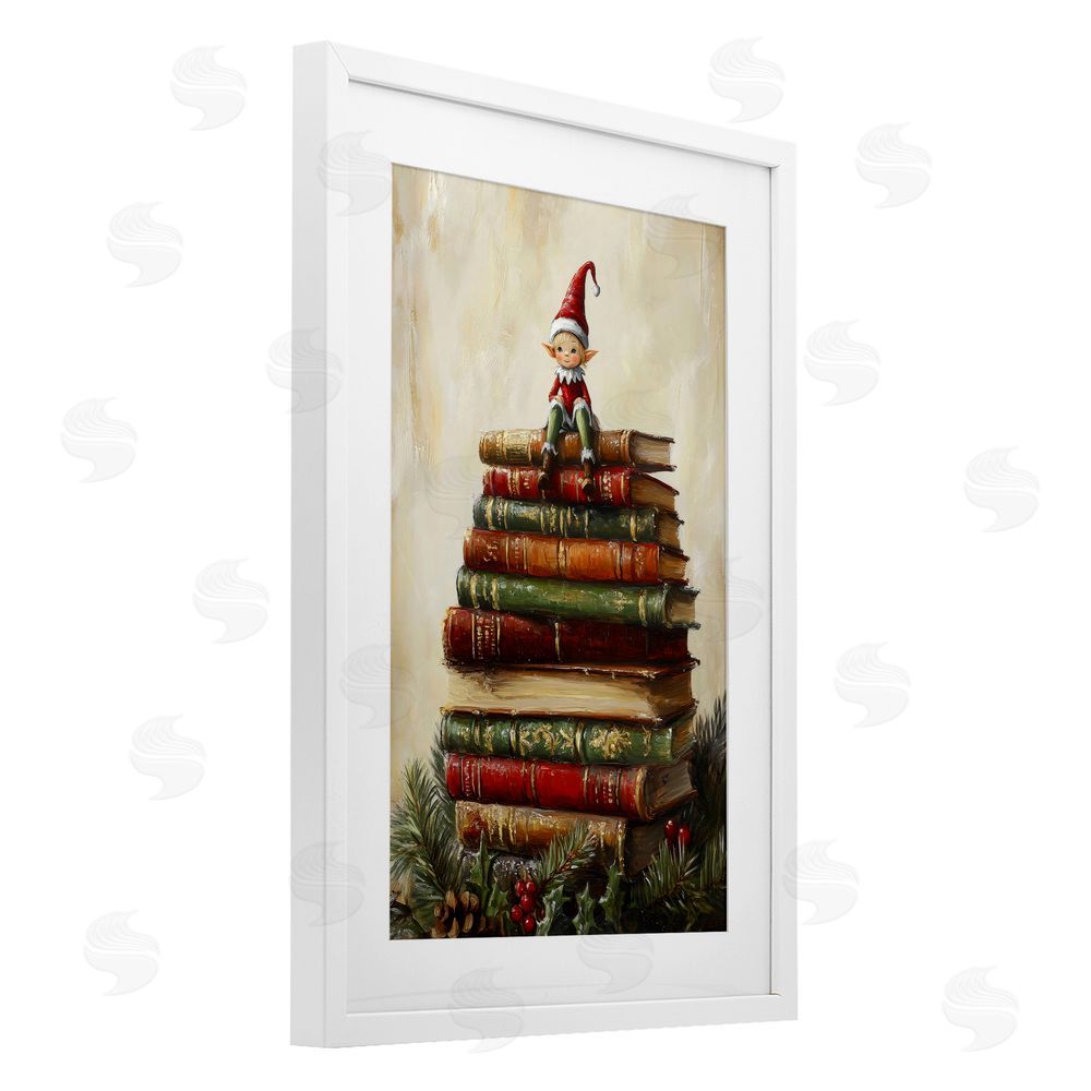 Petal Prints Design Christmas Elf Bookstack White Framed Print Under Glass Wall Art