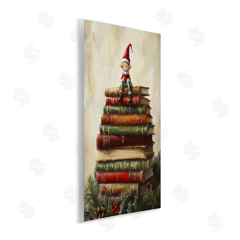 Petal Prints Design Christmas Elf Bookstack Wooden Wall Plaque Art Print