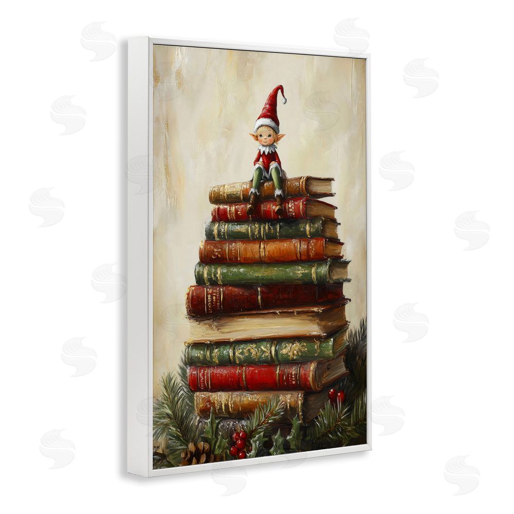 Petal Prints Design Christmas Elf Bookstack White Framed Giclee Print Wall Art