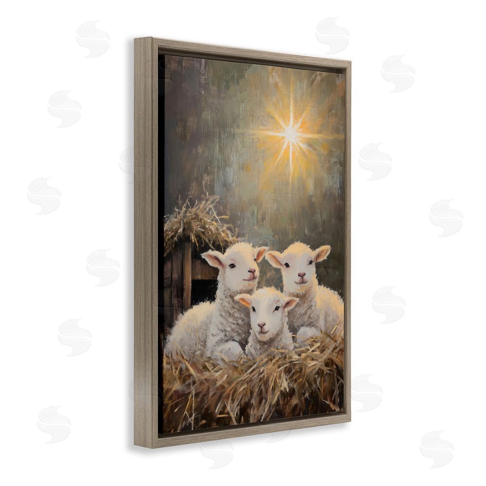 Petal Prints Design Festive Lambs in Stable Brown Floating Frame Canvas Wall Art Print