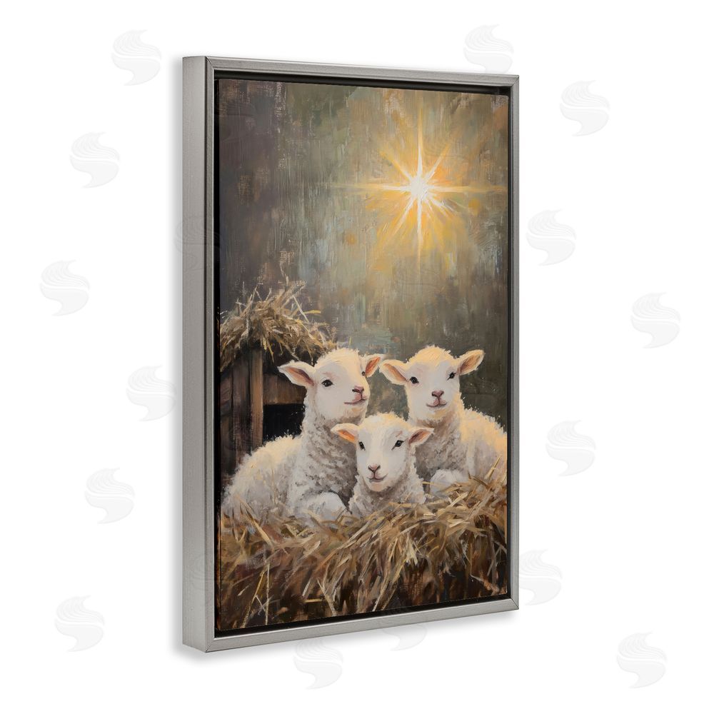 Petal Prints Design Festive Lambs in Stable Gray Floating Frame Canvas Wall Art Print