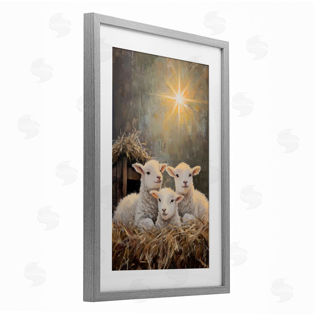 Petal Prints Design Festive Lambs in Stable Gray Framed Print Under Glass Wall Art