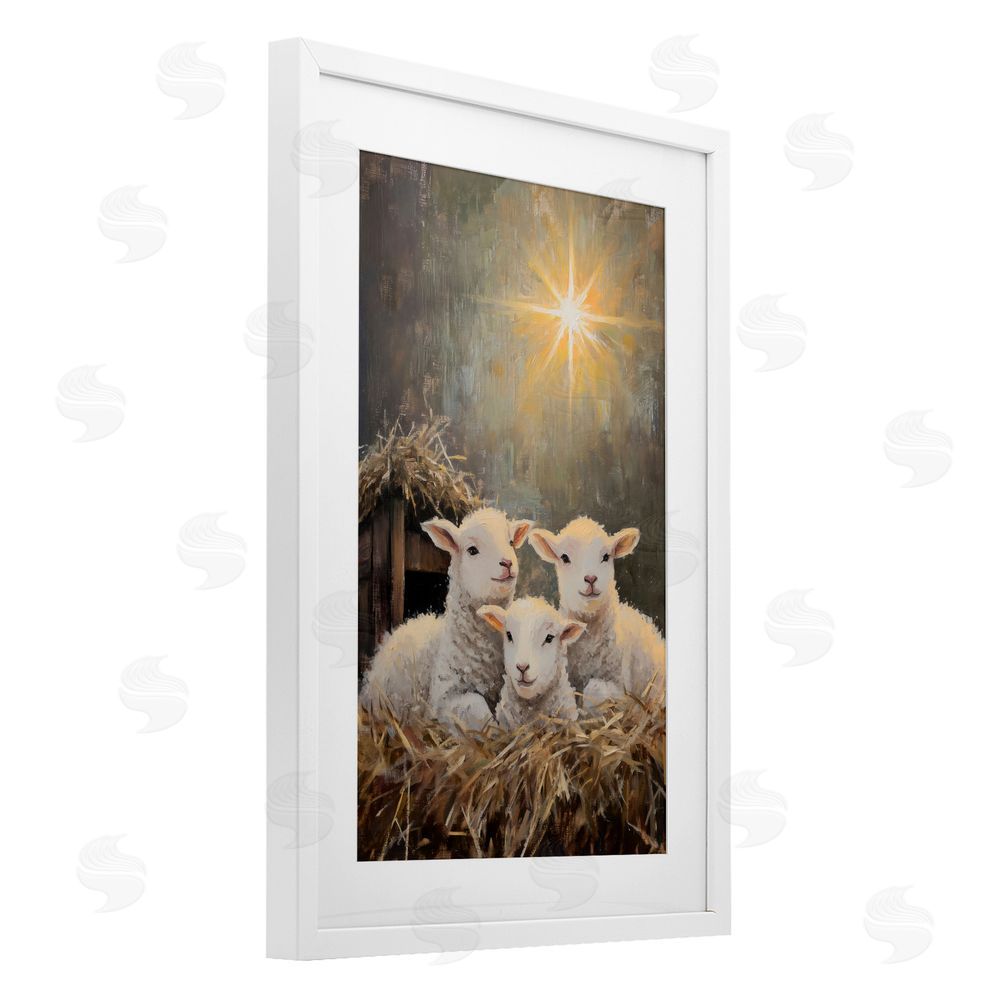Petal Prints Design Festive Lambs in Stable White Framed Print Under Glass Wall Art