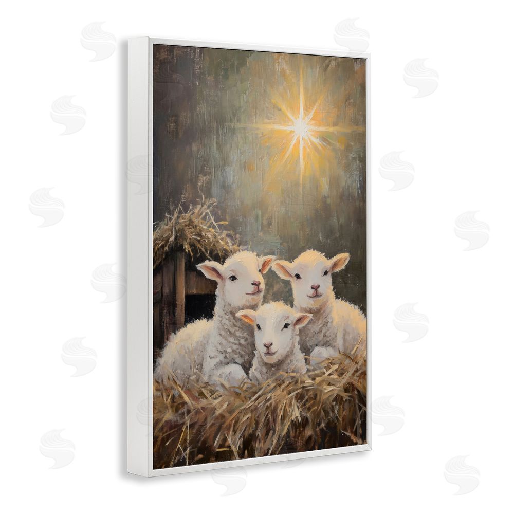 Petal Prints Design Festive Lambs in Stable White Framed Giclee Print Wall Art