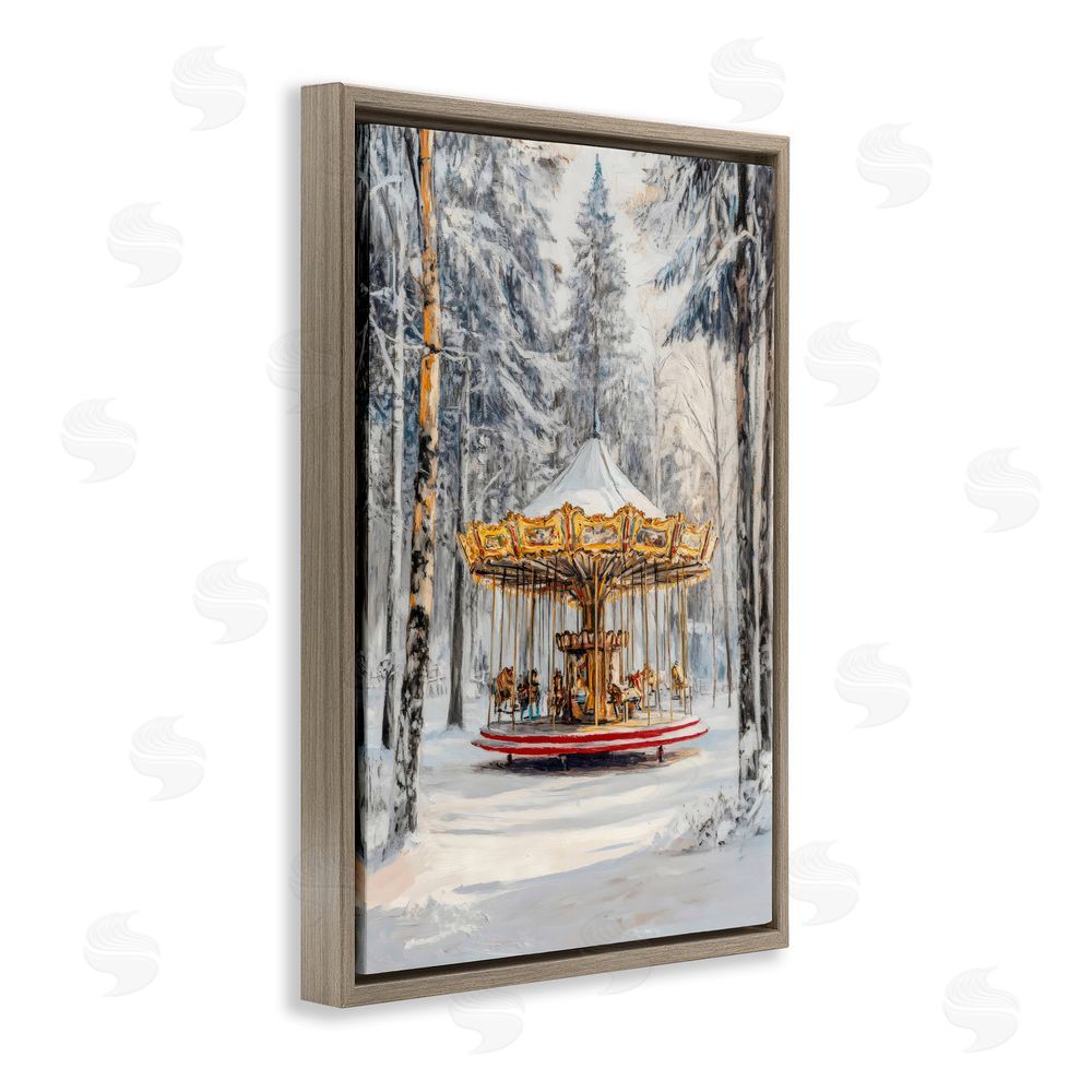 Petal Prints Design Winter Wonderland Carousel Brown Floating Frame Canvas Wall Art Print