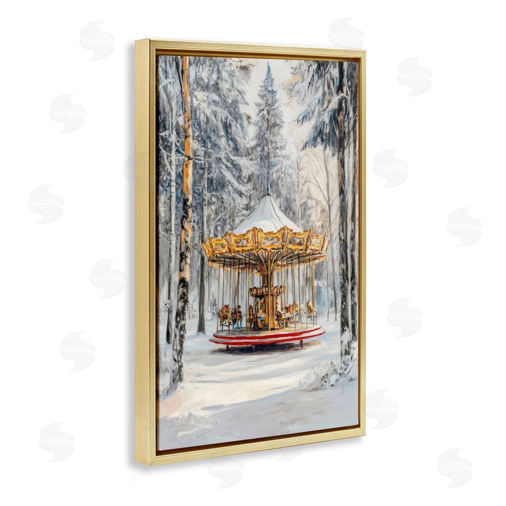 Petal Prints Design Winter Wonderland Carousel Gold Floating Frame Canvas Wall Art Print