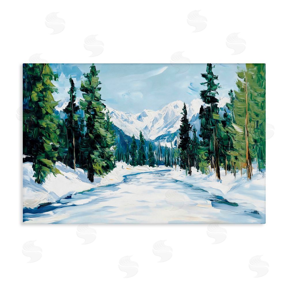 Petal Prints Design Snowy Tall Tree Pass Stretched Canvas Wall Art Print