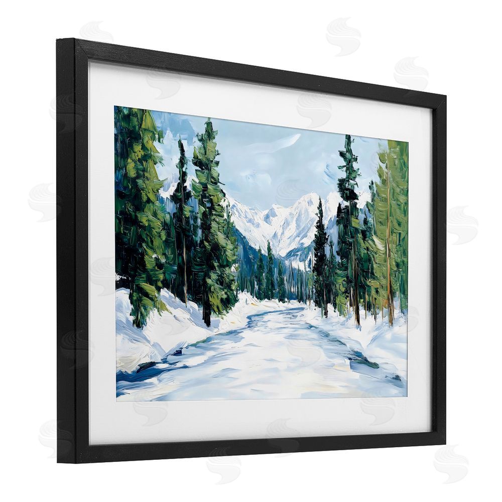 Petal Prints Design Snowy Tall Tree Pass Black Framed Print Under Glass Wall Art