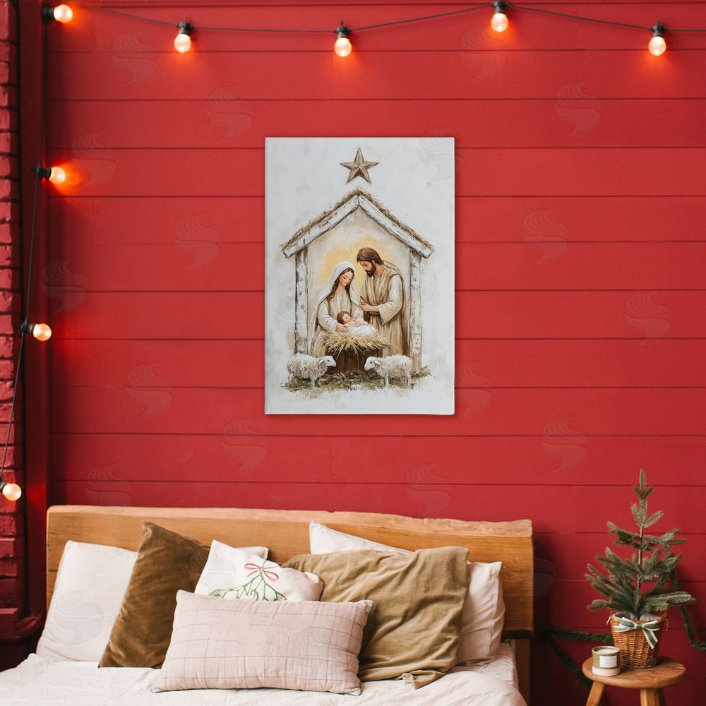 Petal Prints Design Little Lambs & Nativity Stretched Canvas Wall Art Print in Room