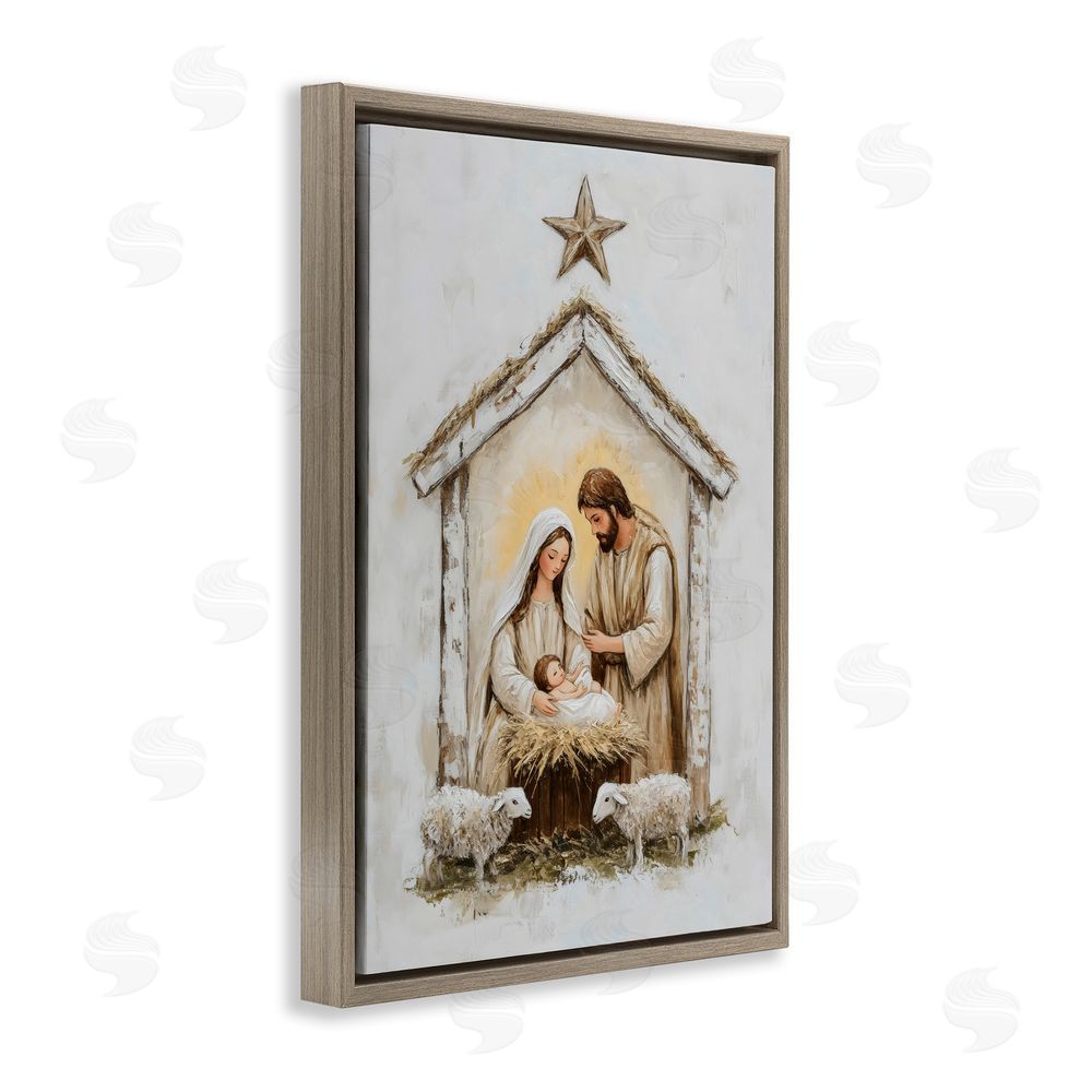 Petal Prints Design Little Lambs & Nativity Brown Floating Frame Canvas Wall Art Print