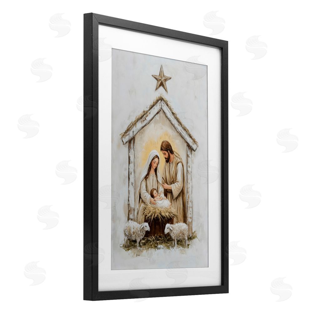 Petal Prints Design Little Lambs & Nativity Black Framed Print Under Glass Wall Art