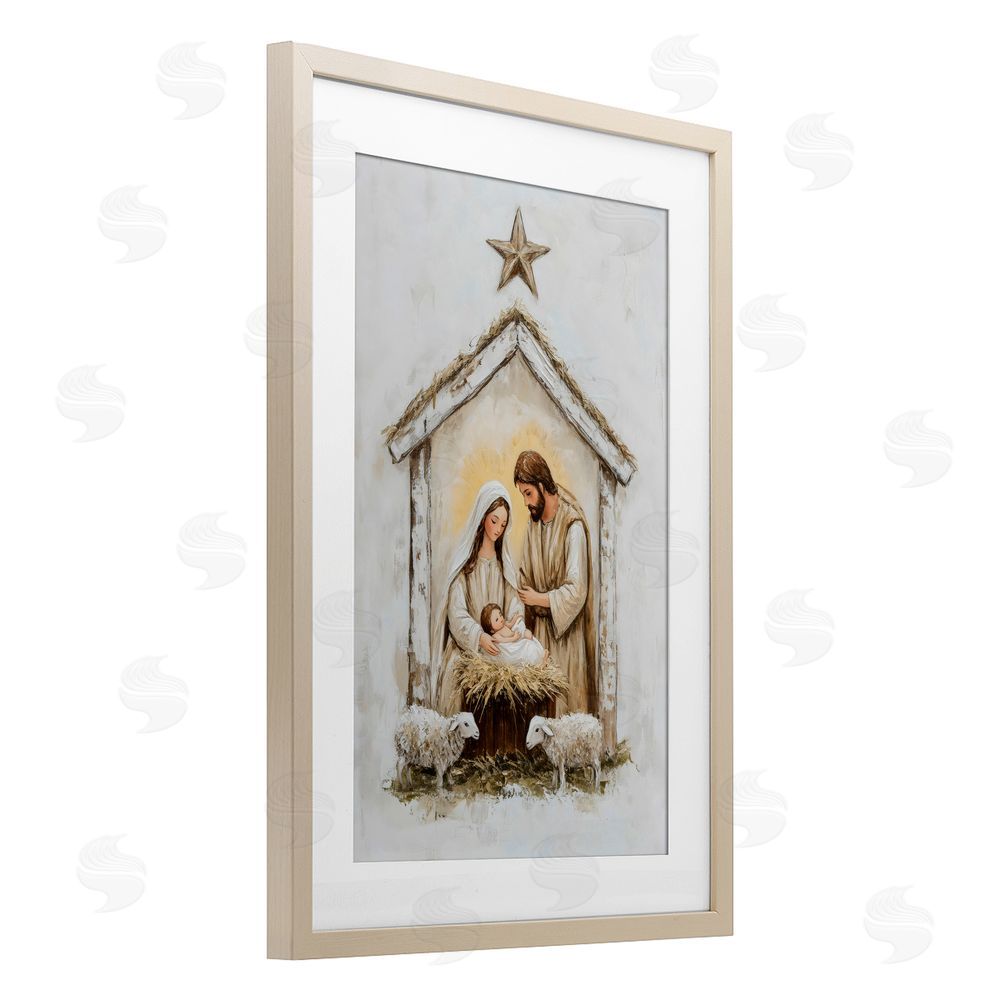 Petal Prints Design Little Lambs & Nativity Brown Framed Print Under Glass Wall Art