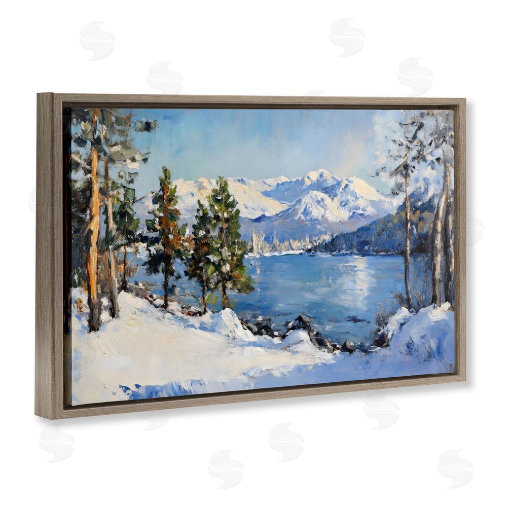 Petal Prints Design Winter Mountain Lake Brown Floating Frame Canvas Wall Art Print