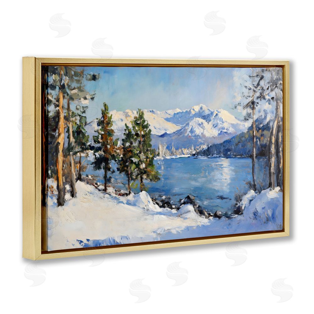 Petal Prints Design Winter Mountain Lake Gold Floating Frame Canvas Wall Art Print