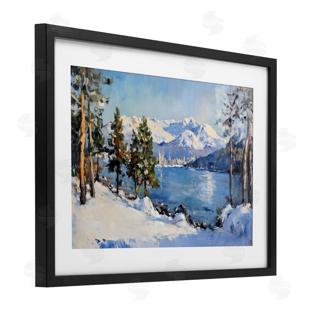 Petal Prints Design Winter Mountain Lake Black Framed Print Under Glass Wall Art