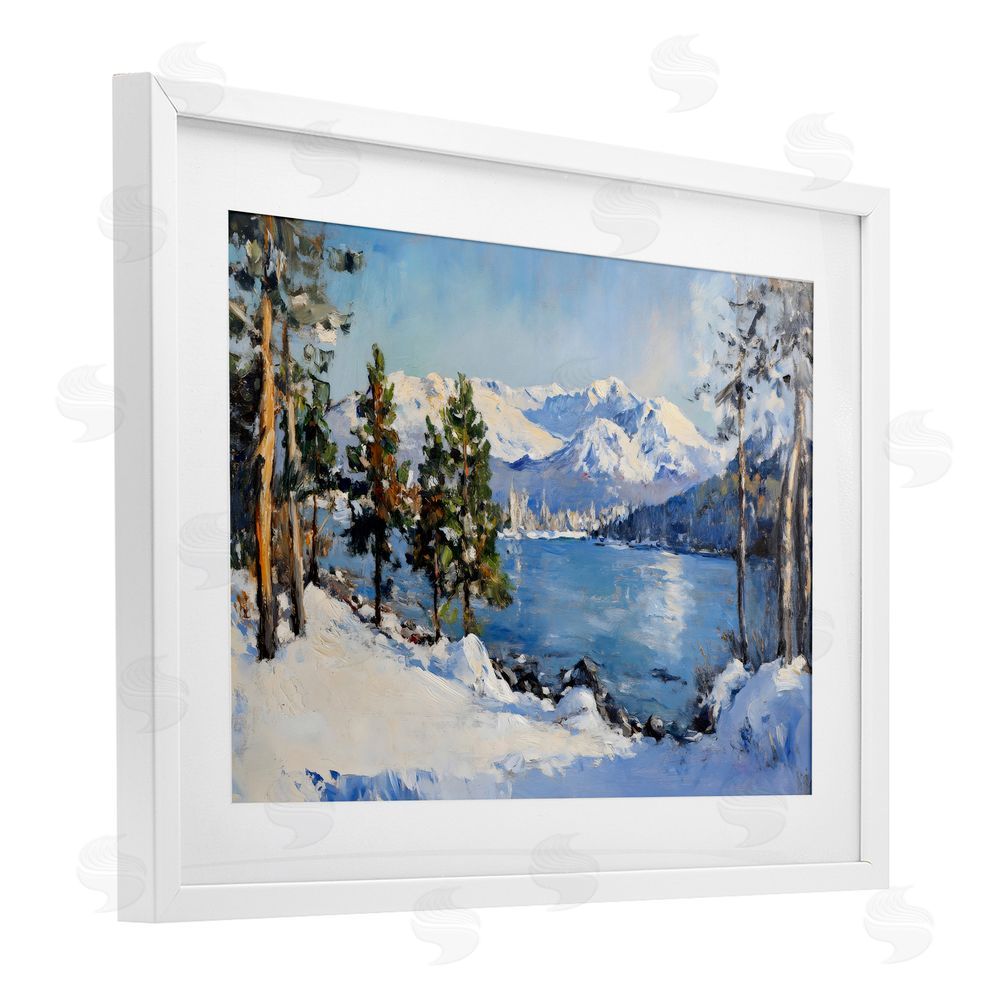 Petal Prints Design Winter Mountain Lake White Framed Print Under Glass Wall Art