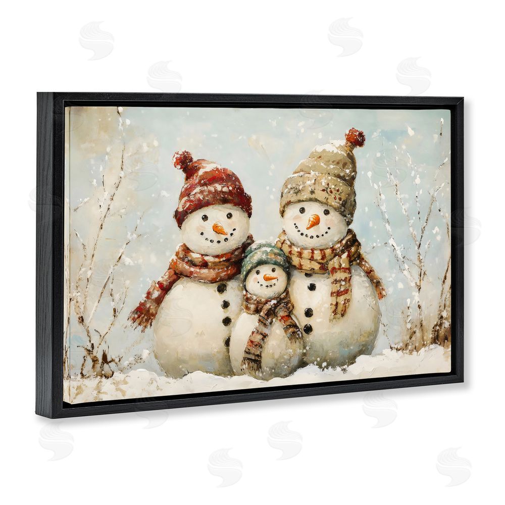 Petal Prints Design Snowman Family Of Three Black Floating Frame Canvas Wall Art Print