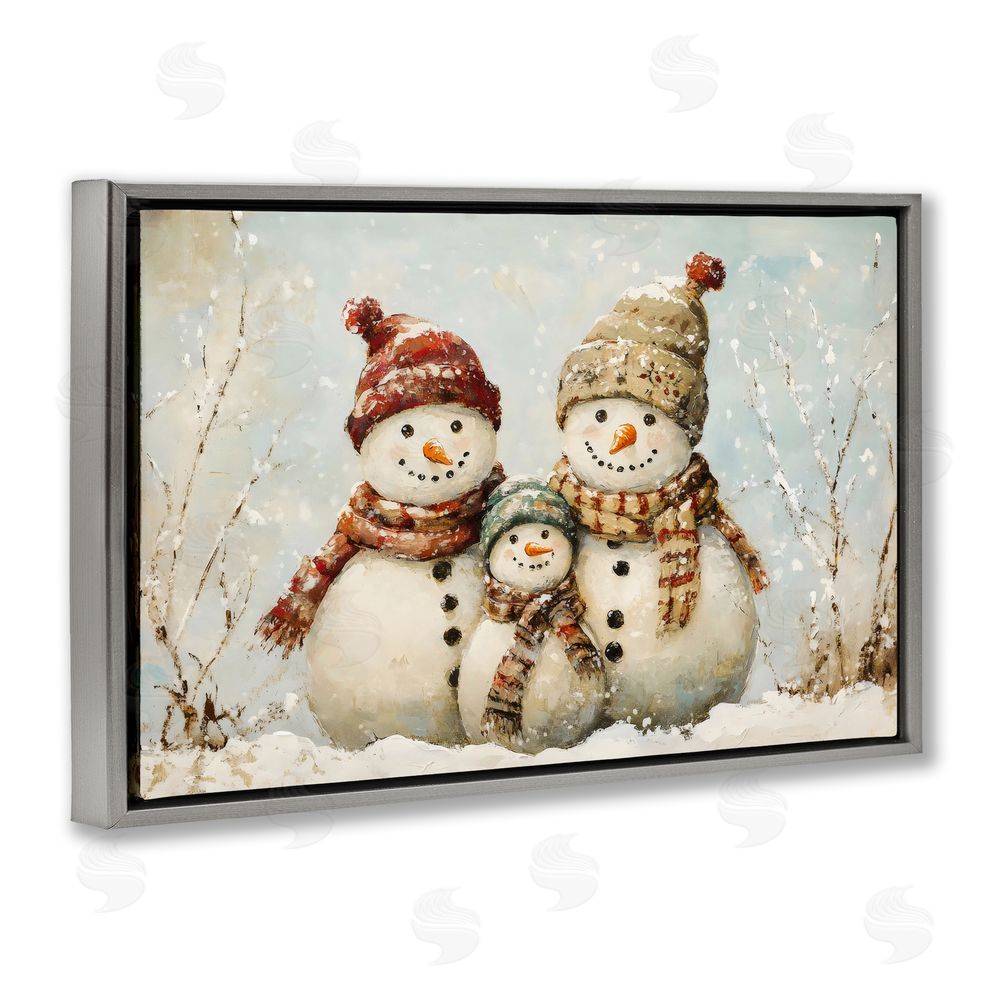 Petal Prints Design Snowman Family Of Three Gray Floating Frame Canvas Wall Art Print