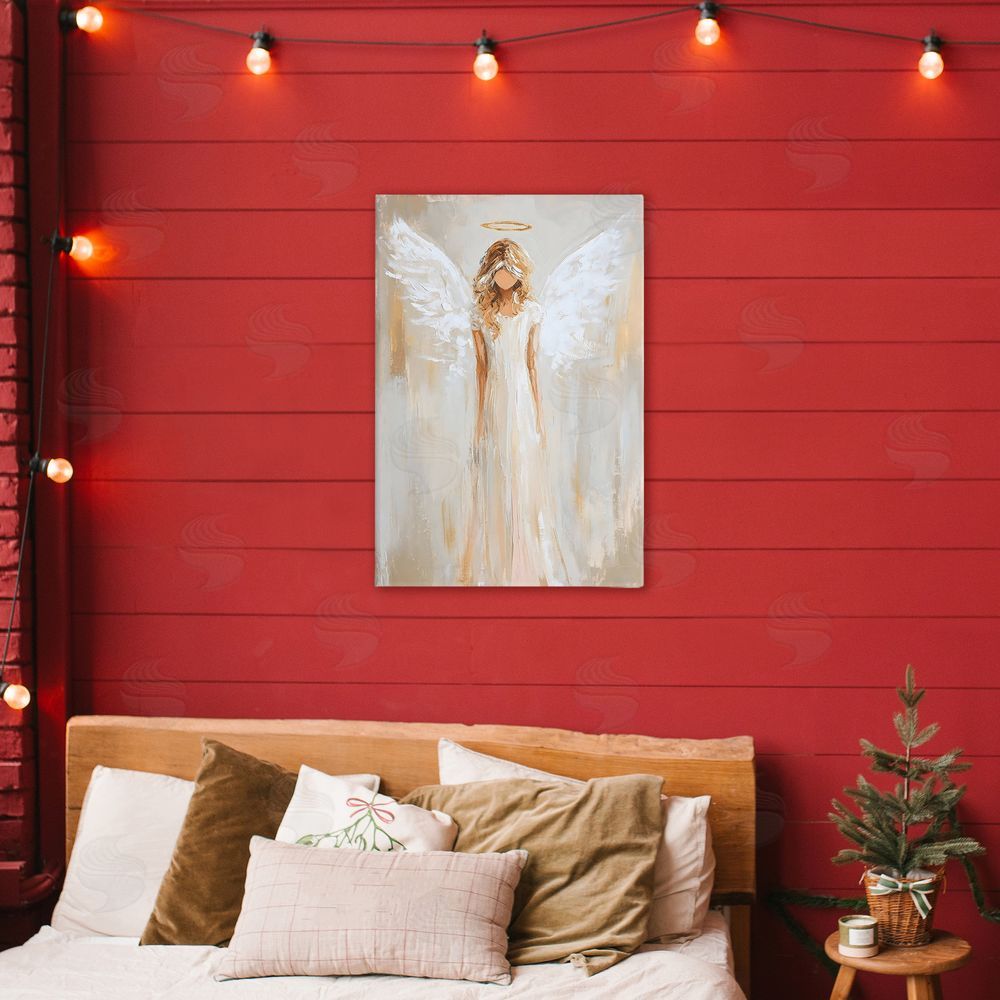 Petal Prints Design Divine White Robe Angel Stretched Canvas Wall Art Print in Room